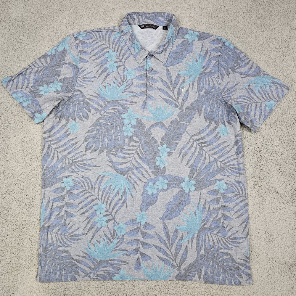 Travis Mathew Polo Shirt Mens 2XL Gray Floral All Over Print Golf Performance