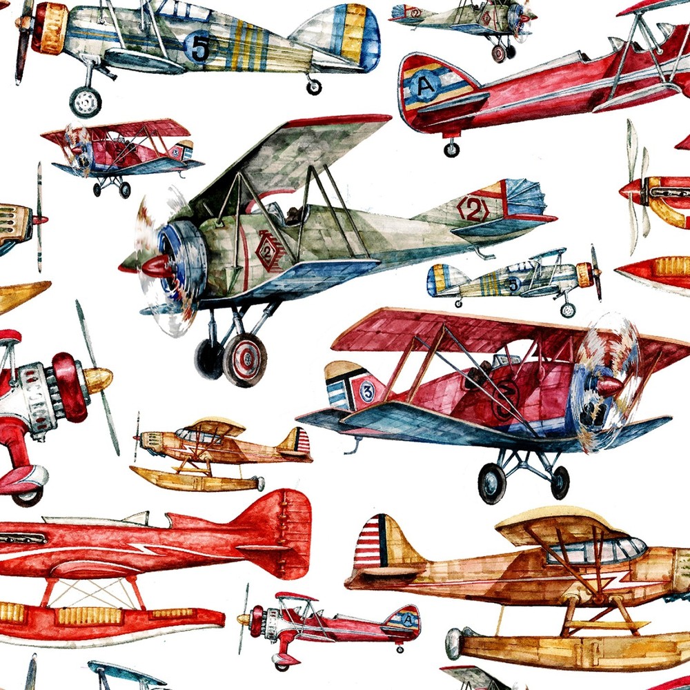 First Flight Retro Airplane Allover White Fabric by 3 Wishes YARD