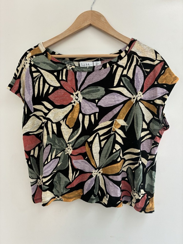Nicole Miller Women's Floral Sheer 100% Linen Short Dolman Sleeve Shirt Multi S