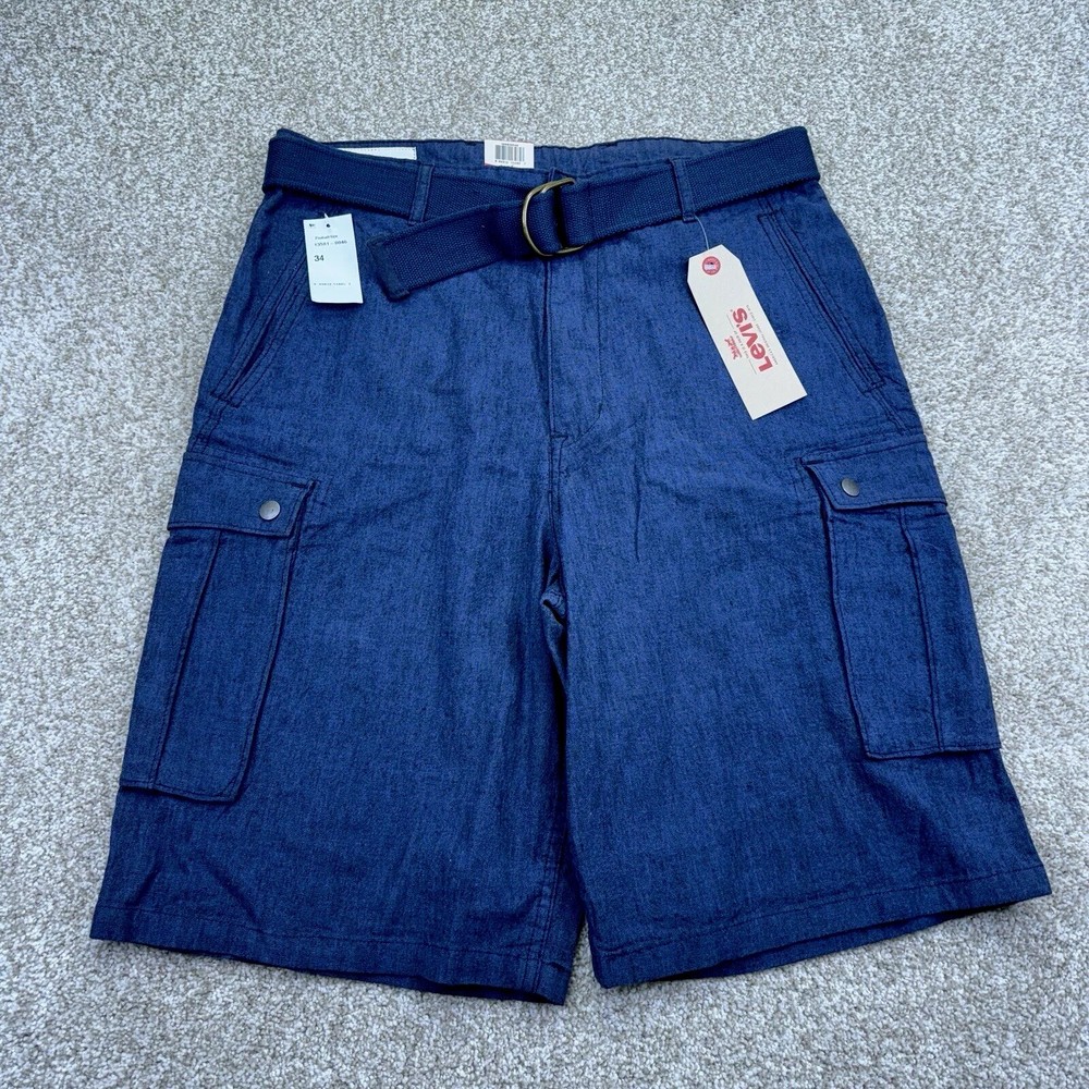 NEW Levis Snap Cargo Shorts Mens Size 34 Blue Belted Linen Blend Below Knee