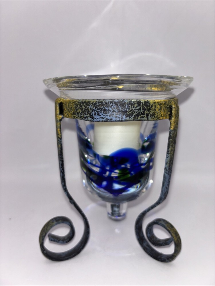 Metal 3 Legged Metal Base & Handblown Glass Tea Light Holder Blue Green Clear