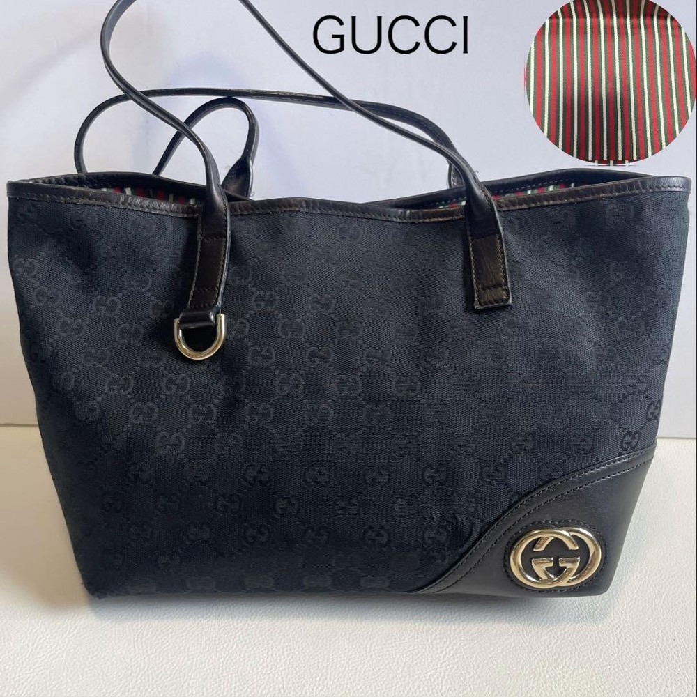 Gucci GG Canvas Sherry Line Black Tote Bag Large Capacity 40cm Preowned