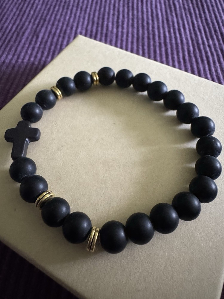 Handmade Natural 8mm Round Stone Beaded Stretch Bracelet, Black Lava Rock