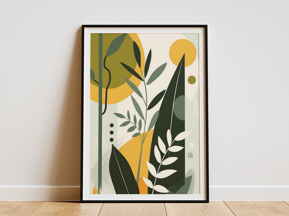 Minimalist Botanical Print Abstract Green Leaves Wall Art Mid Century Modern