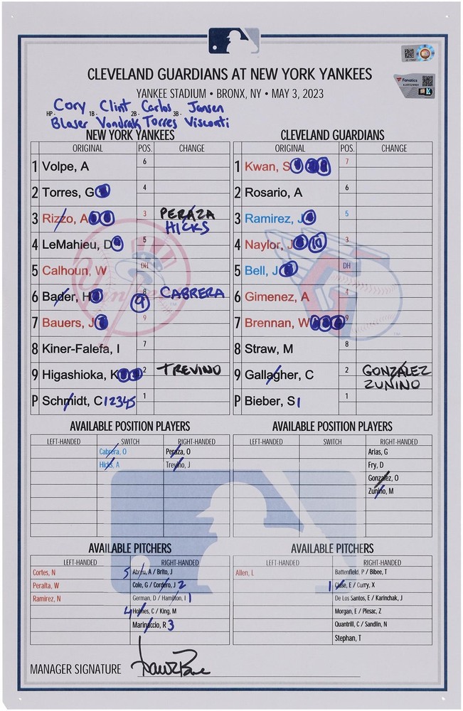 New York Yankees Game-Used Lineup Card vs. Cleveland Guardians on May 3, 2023