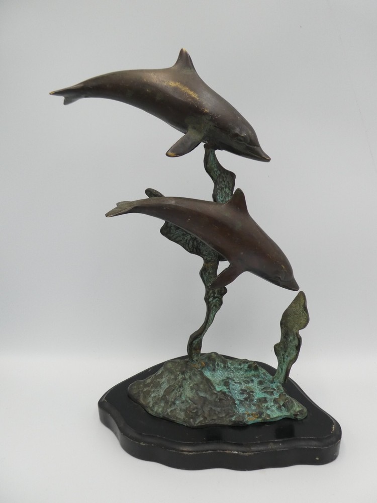 BRONZE CAST METAL STATUE - PAIR OF DOLPHINS FIGURINE  - ON LACQUERED BASE