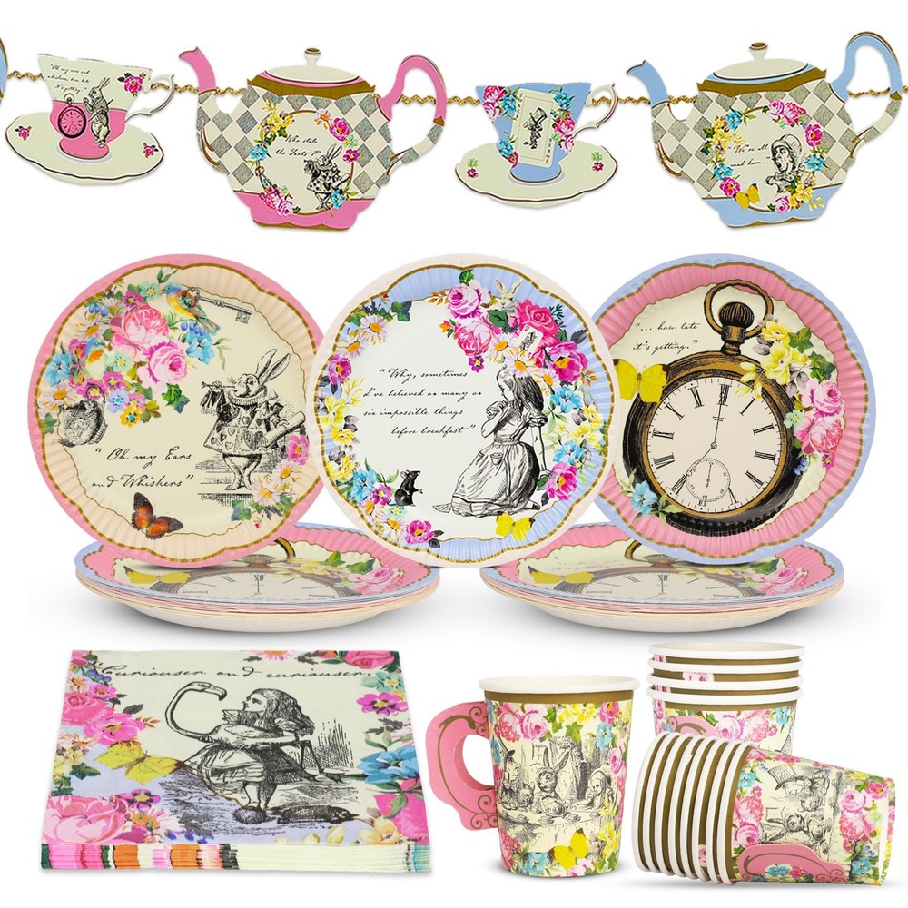 50pcs Alice in Wonderland Party Decorations Pretty Floral Plates, Napkins, Te...