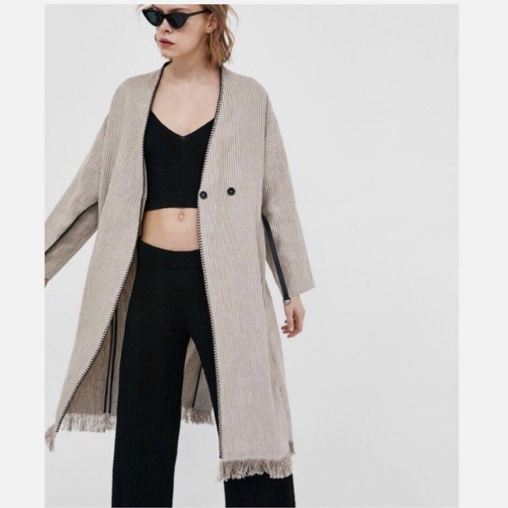 NWOT Zara Beige Linen Striped Fringe Trim Hem Midi Duster Wrap Coat Cardigan