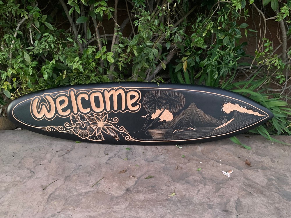 Welcome Sign Surfboard, surfer, tropical island, dolphin Wood Carving Wall