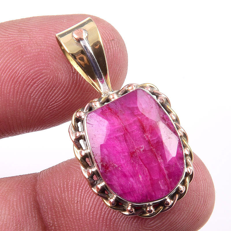 Red Ruby(Simulated) Handmade 925 Sterling Silver Two Tone Pendant 1.25