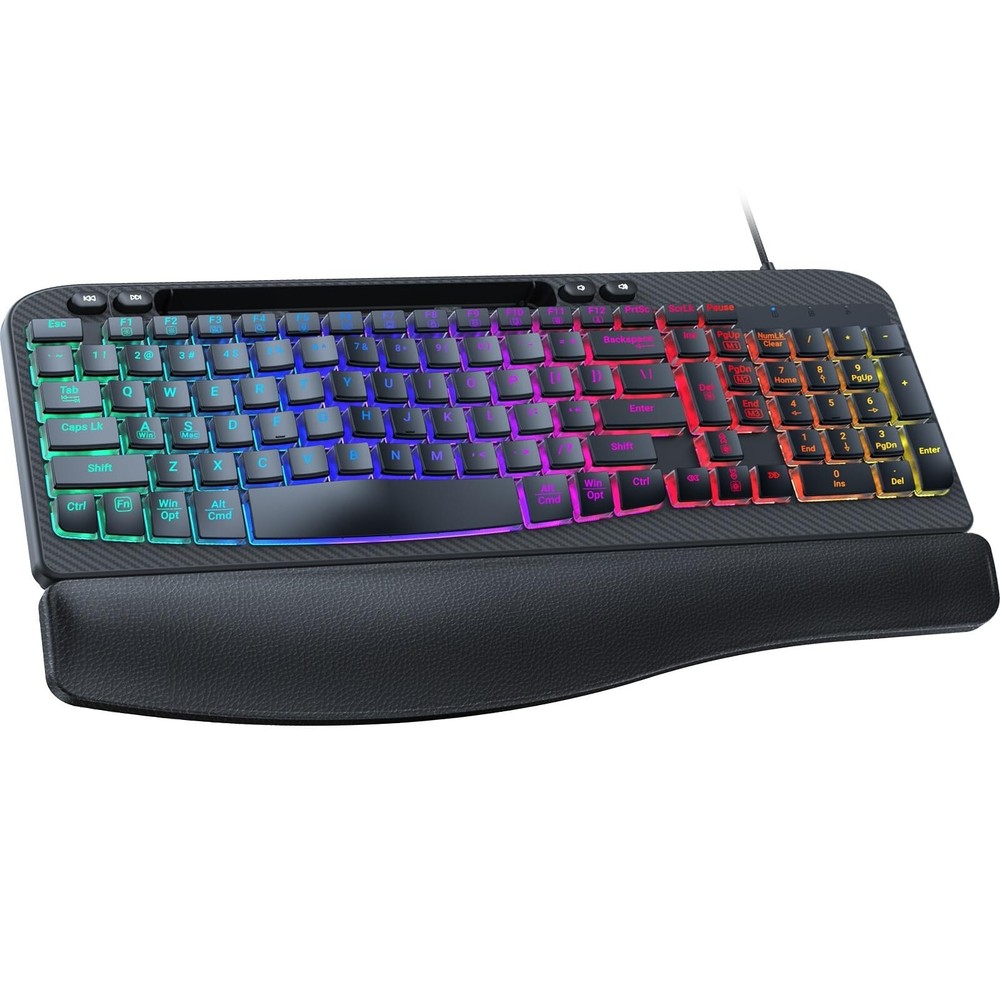 Ergonomic Backlit Keyboard with Wrist Rest and 7-Color LED USB Wired Design