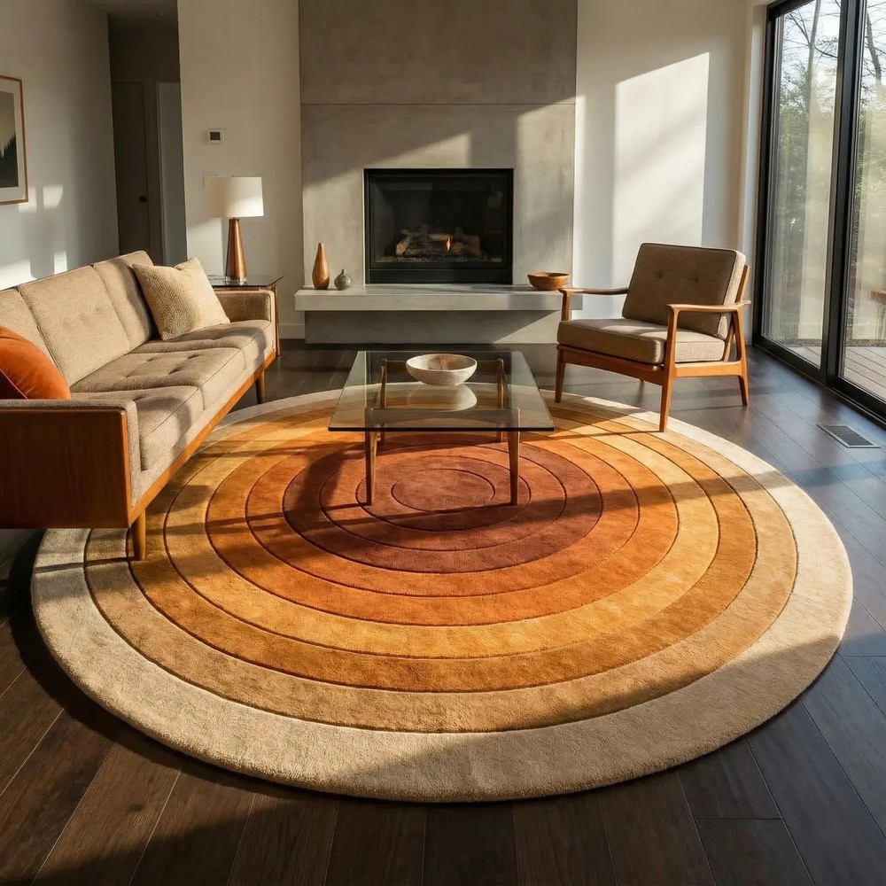 Warm Orange & Beige Round Area Rug Mid-Century Modern Sunset Wool Rug |