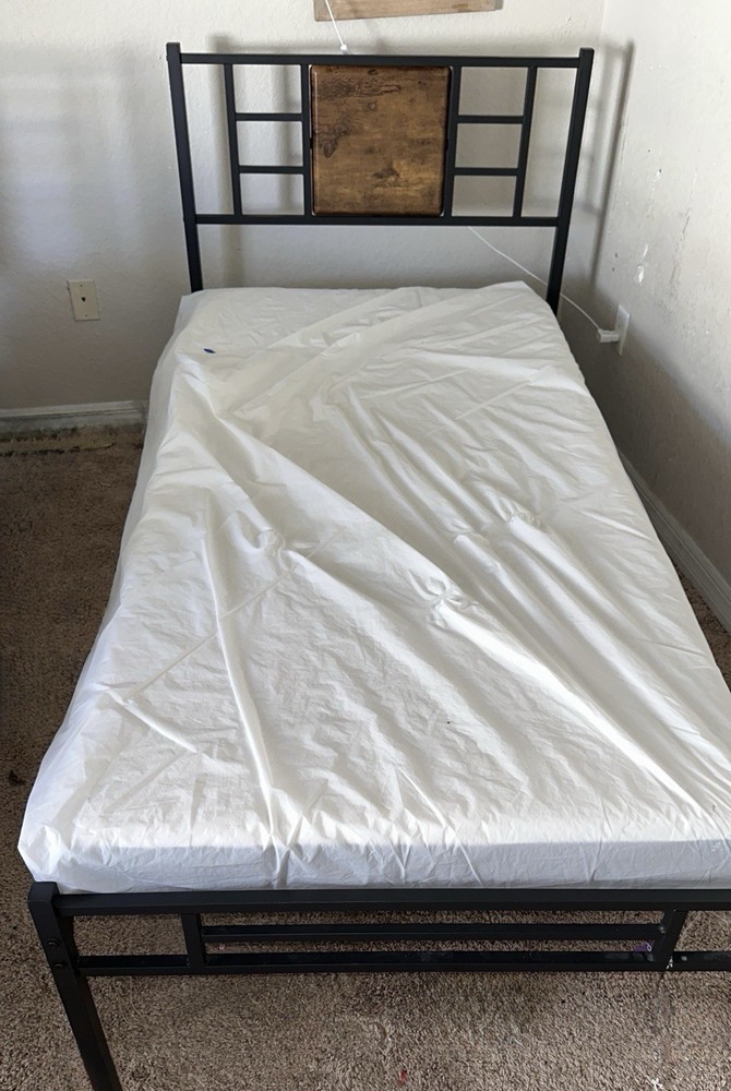 Metal & Wood Double Bed Frame with Headboard, Slatted Foundation, Modern