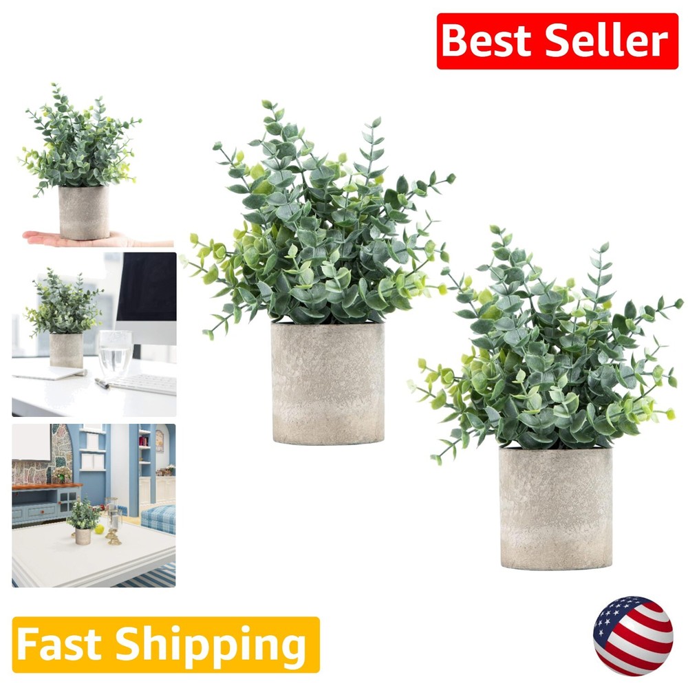 Mini Artificial Eucalyptus Plants - Set of 2 Potted Faux Greenery for Home Decor