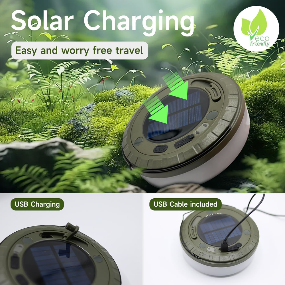 Solar Camping String Lights Roll Up 32.8FT, Rechargeable via Solar and USB, 2 in