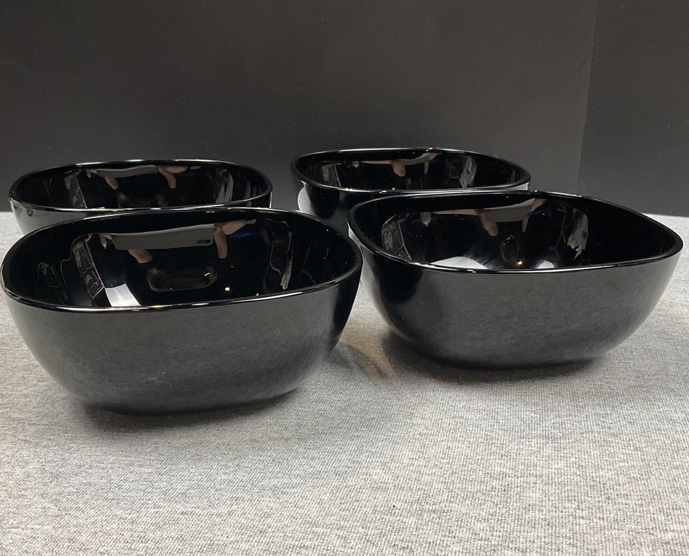 8 Black Opaque Glass Square Cereal Salad Bowls 5.5 Inch Set