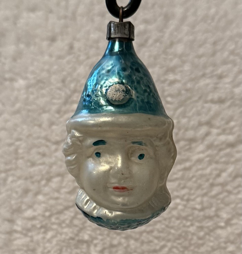 Antique Blue&White Glass Jester Head German Christmas Ornament 3”