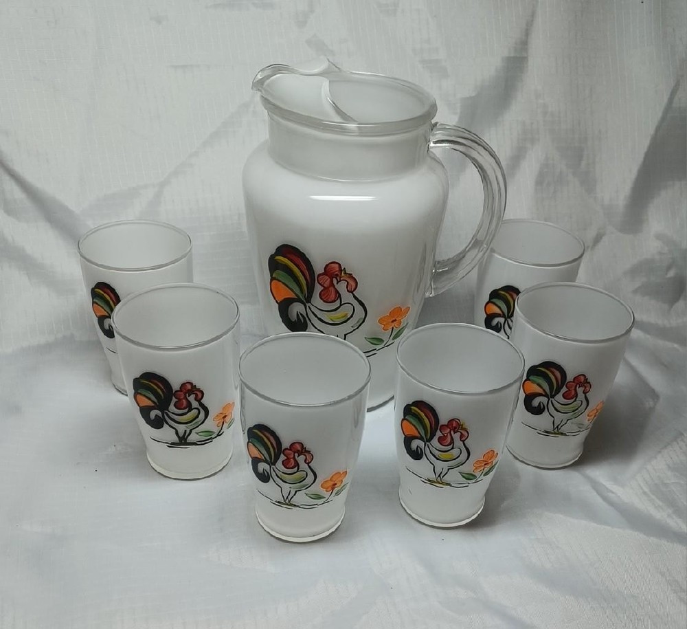 Vintage Bartlett Collins Proud Rooster Hand-Painted Pitcher Set with 6 Glasses