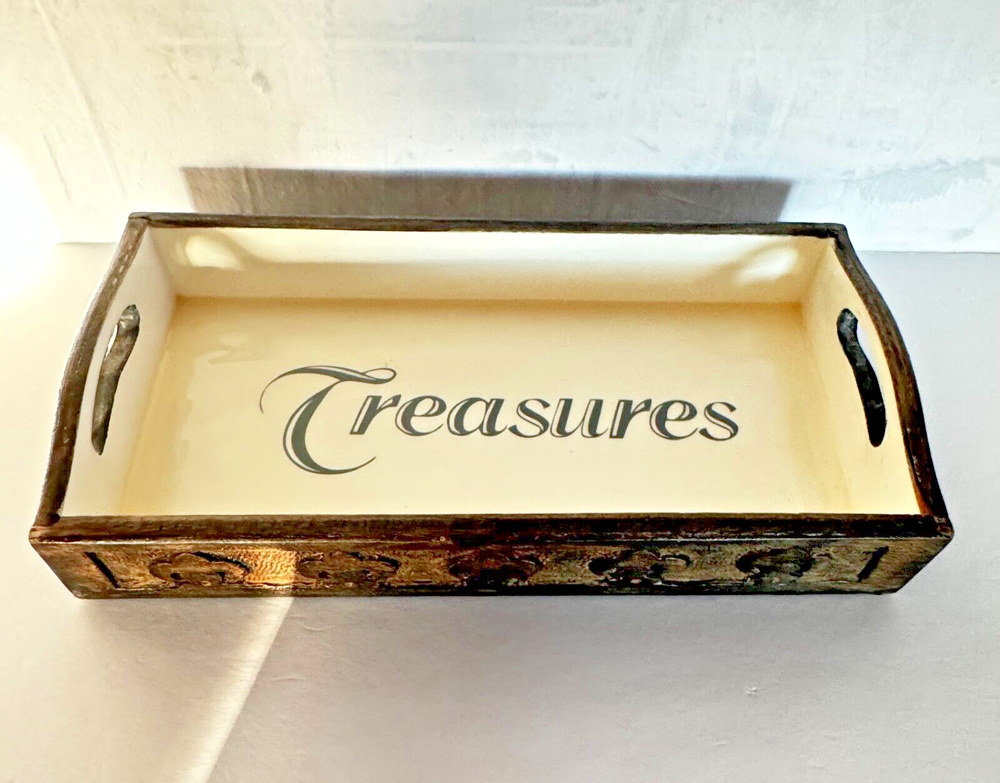 Hand Carved Wood Jewelry Tray Treasures Display Rectangle 14 x 7 Inches