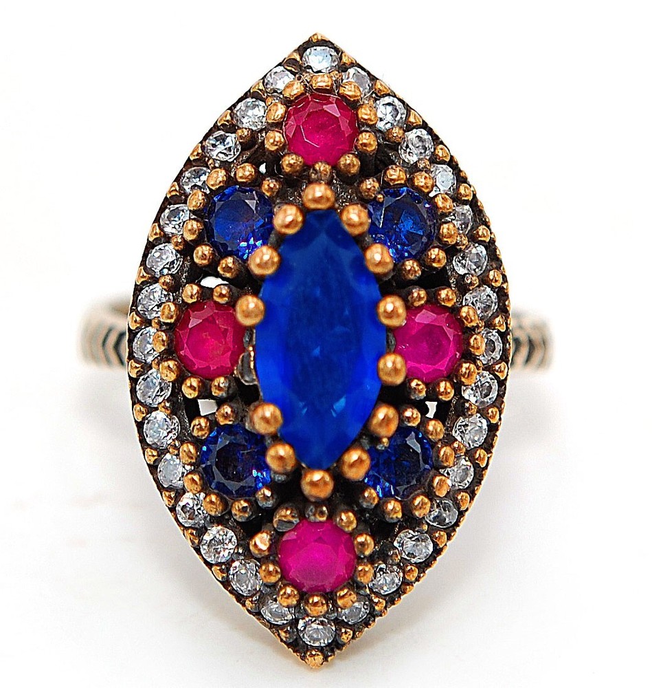 5CT Treated Sapphire Sterling Silver Ottoman Empire Style Ring Size 7.5