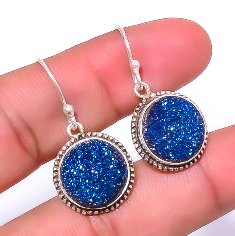 Titanium Blue Agate Drusy 925 Sterling Silver Jewelry Earring 1.37
