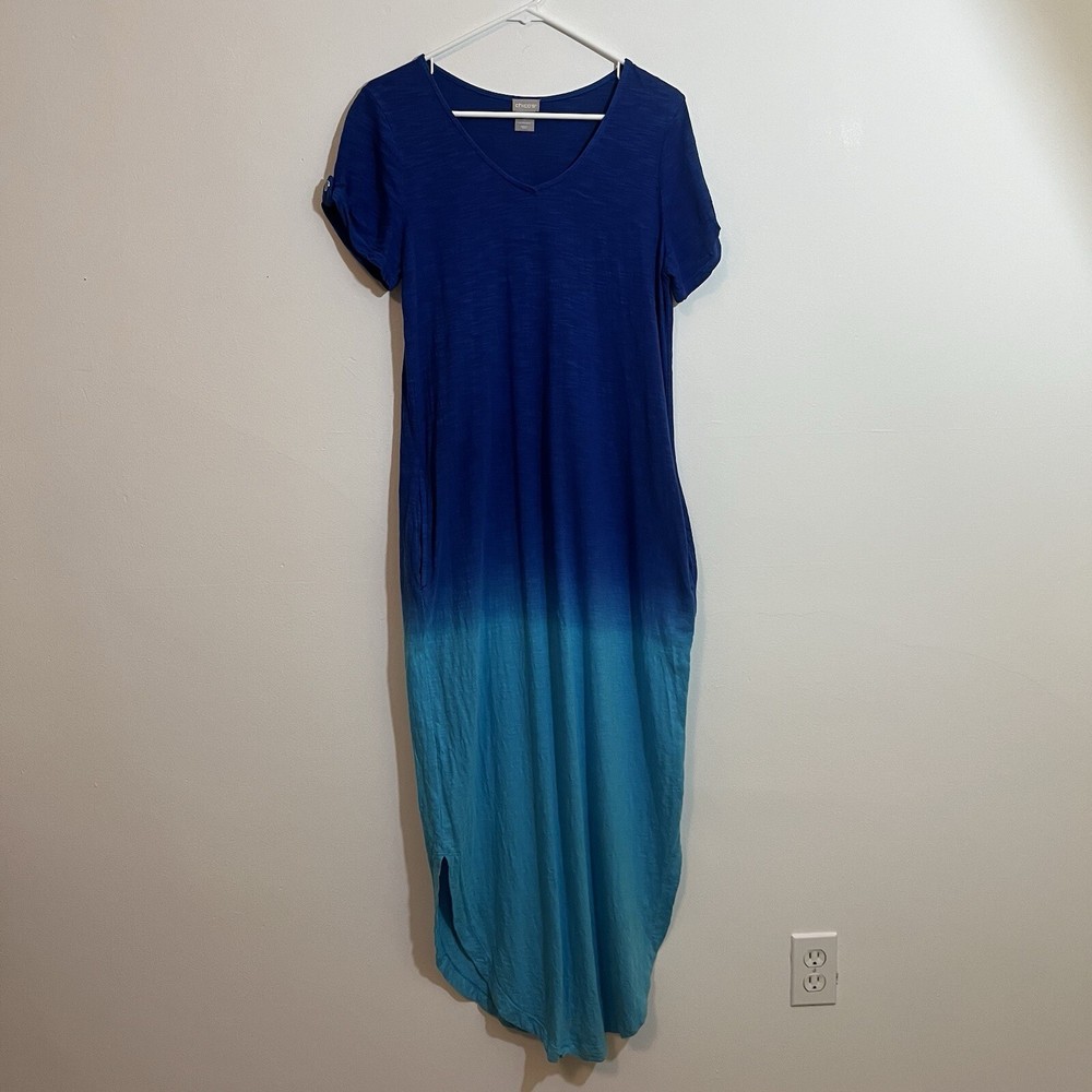 Chicos Maxi Dress Size 1 (Small) Blue Teal Ombre Fade Roll Tab Sleeves Cotton