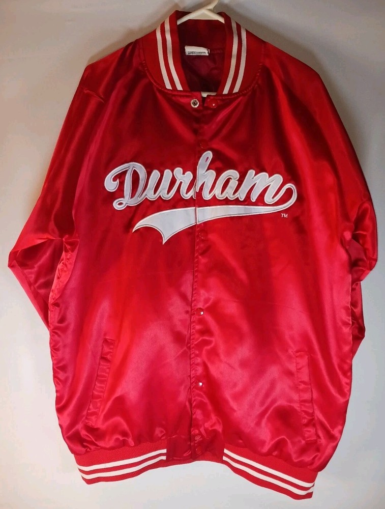 BCA Durham 2XL Red SATIN Varsity JACKET EMBROIDERED Durham Vs Everybody Button