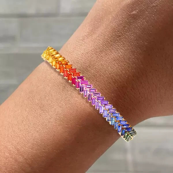 16Ct Baguette Cut Lab Created Multicolor Rainbow Bracelet 14K Yellow Gold Plated