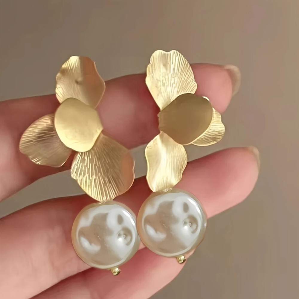 london2gifts Floral Pearl Drop Earrings, Gold-Tone Metal, Retro Style Dangle