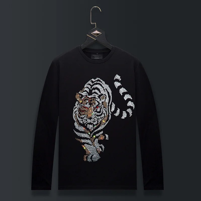Fashion Tiger Trend Rhinestone Long Sleeve Luxury  Men T-Shirt Plus Size 6XL