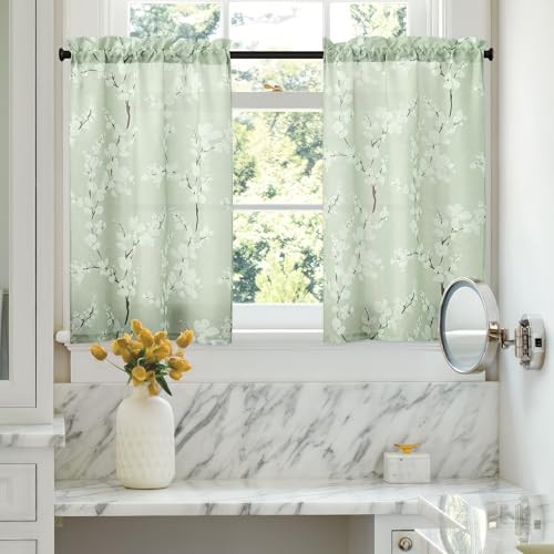 Green White Kitchen Tier Curtains 24 Inch Length Blossom Print Half Window