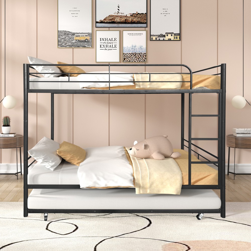 Twin Over Twin Separable Bunk Bed with Trundle - Black Steel Frame