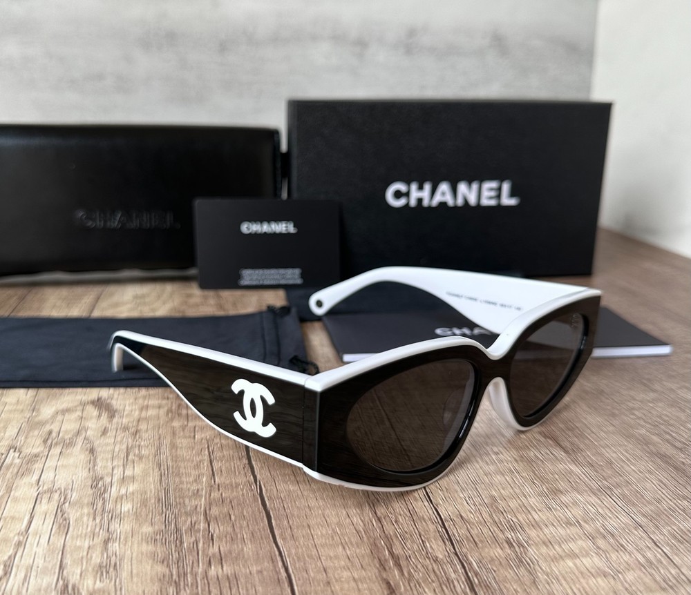 Chanel 2025 Classic 6056 Black & White Cat Eye Sunglasses 100% Authentic