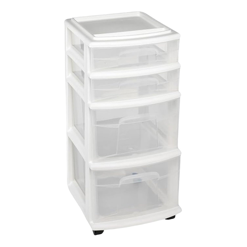Drawer Tower, 4-Tier Clear Plastic Storage Organizer Cart, White Frame