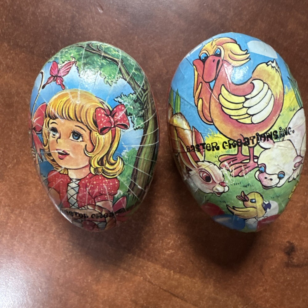 2 Vintage East German Paper Mache Easter Eggs 3.5”