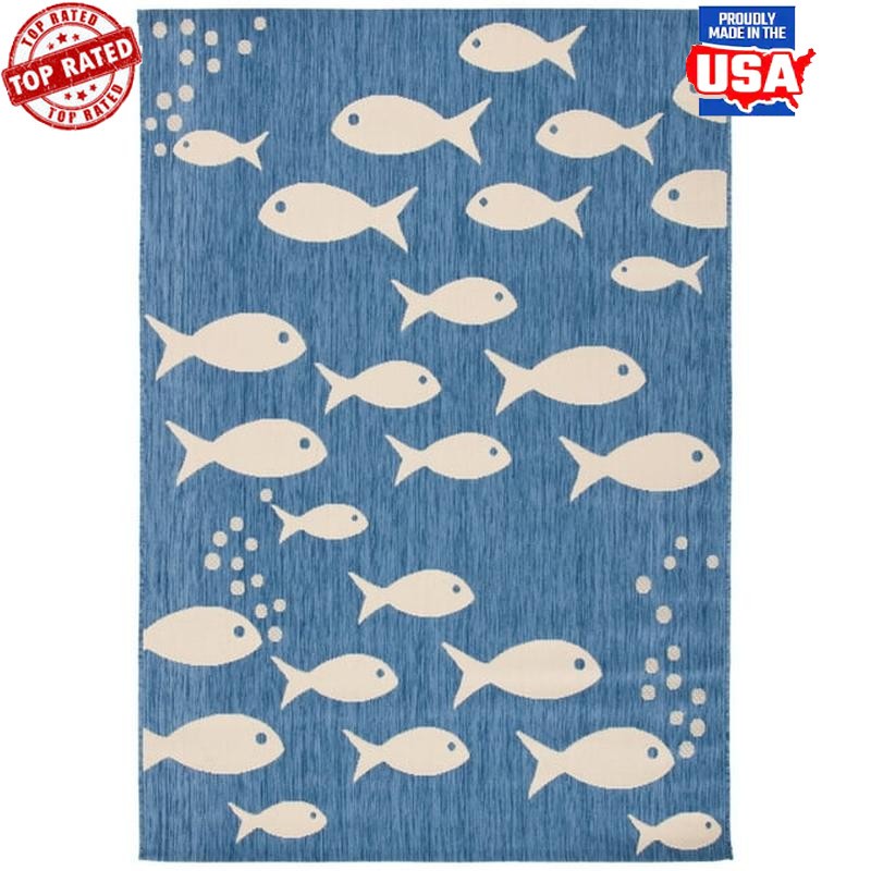 Indoor Outdoor Fish Print Area Rug Easy Care Water Resistant Carpet 4x5.7 Ft New