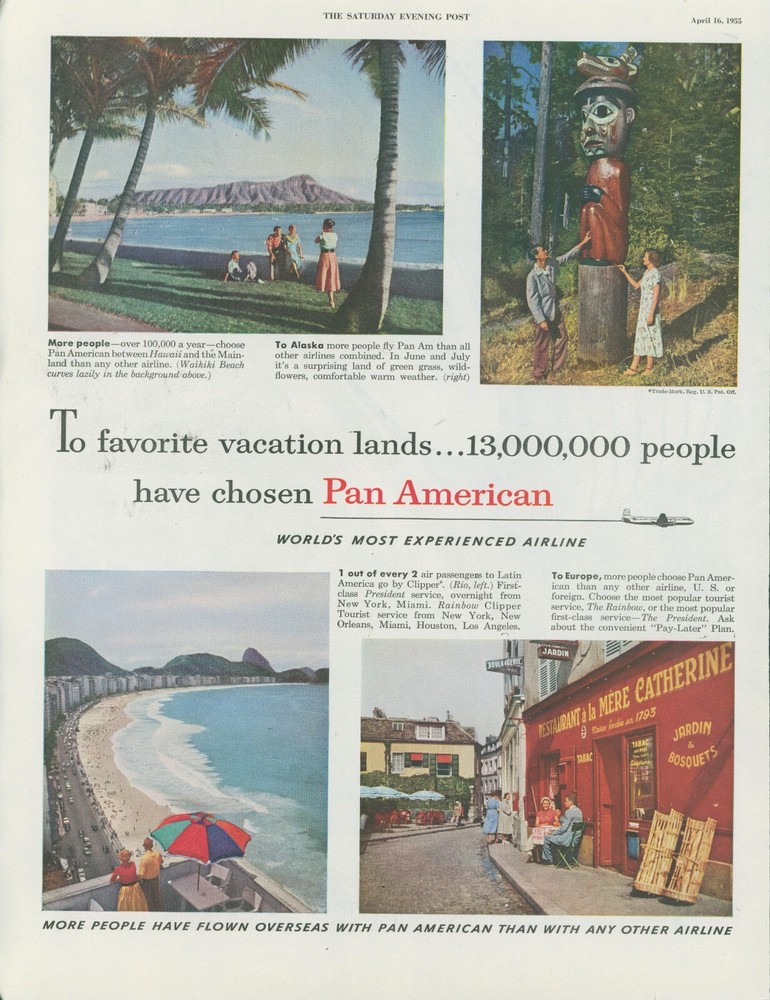 1955 Pan American Airline Waikiki Alaska Rio Beach Totem Vacation Print Ad SP22