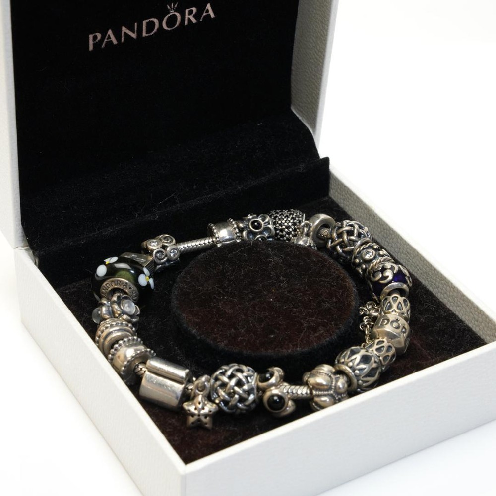 Pandora Bracelet with 20 Charms Featuring Blue Star Flower Green Murano Cross Heart and Box