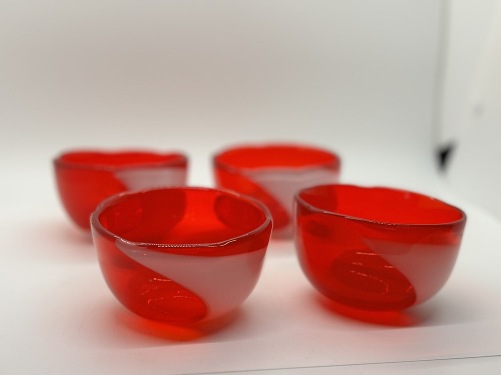MCM Italian ? Czech?Art Glass Small Bowls Red/White Swirl Set Of 4