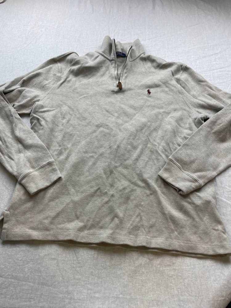 Polo Ralph Lauren Sweater Men Large Beige Solid 1/4 Zip Pullover Pony Pockets