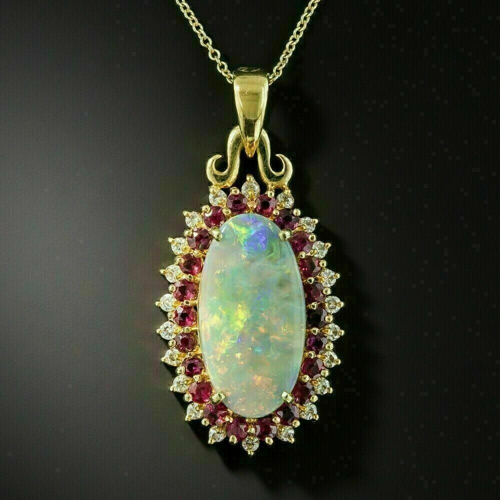 3Ct Oval Fire Opal & Red Ruby Halo Pendant with 14K Yellow Gold Chain