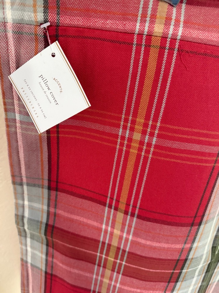 Pottery Barn Charles Plaid Farmhouse Red Green White Pillow Cover 22x22 NWT