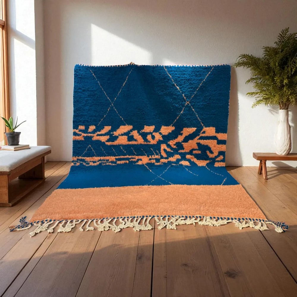 Design Moroccan Berber Wool Rug Color Blue Orange Border Handmade Carpet Rug