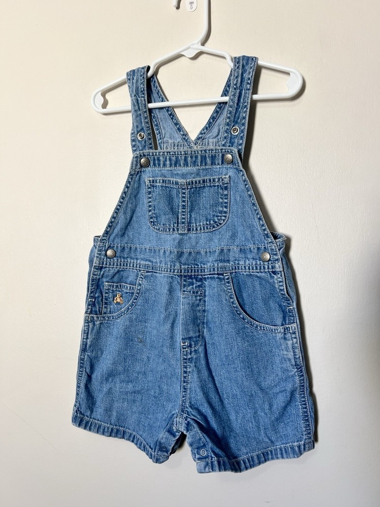 Baby Gap Classic Denim Shortalls Overalls With Bear Size 18-24 Light wash Cotton