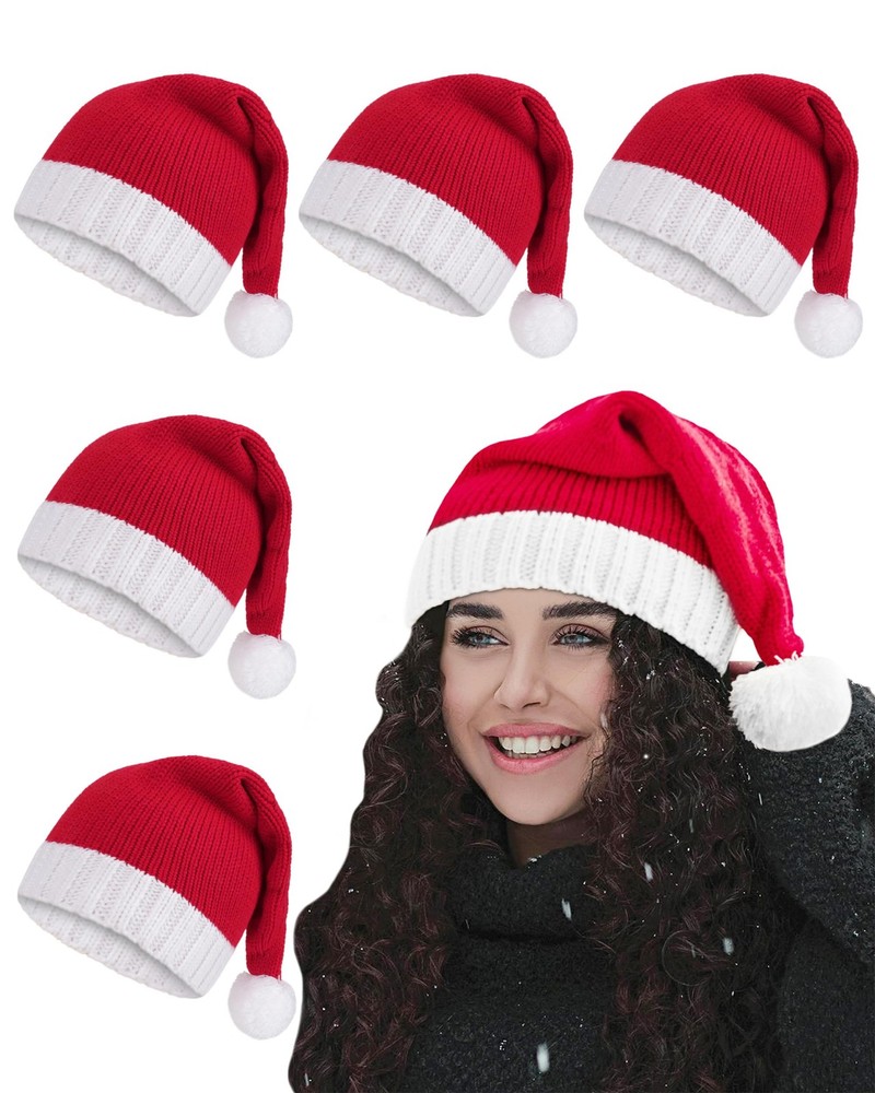 5-Piece Knitted Santa Hat Set with Pom Pom for Christmas Party