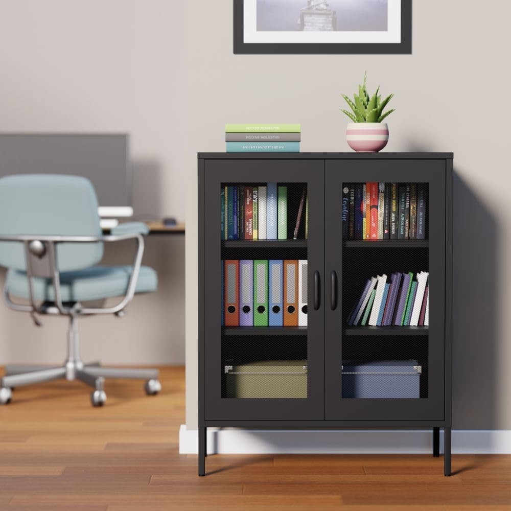 Black 3 Tier Metal Storage Cabinet with Legs,2 Door Metal Accent Storage Cabinet