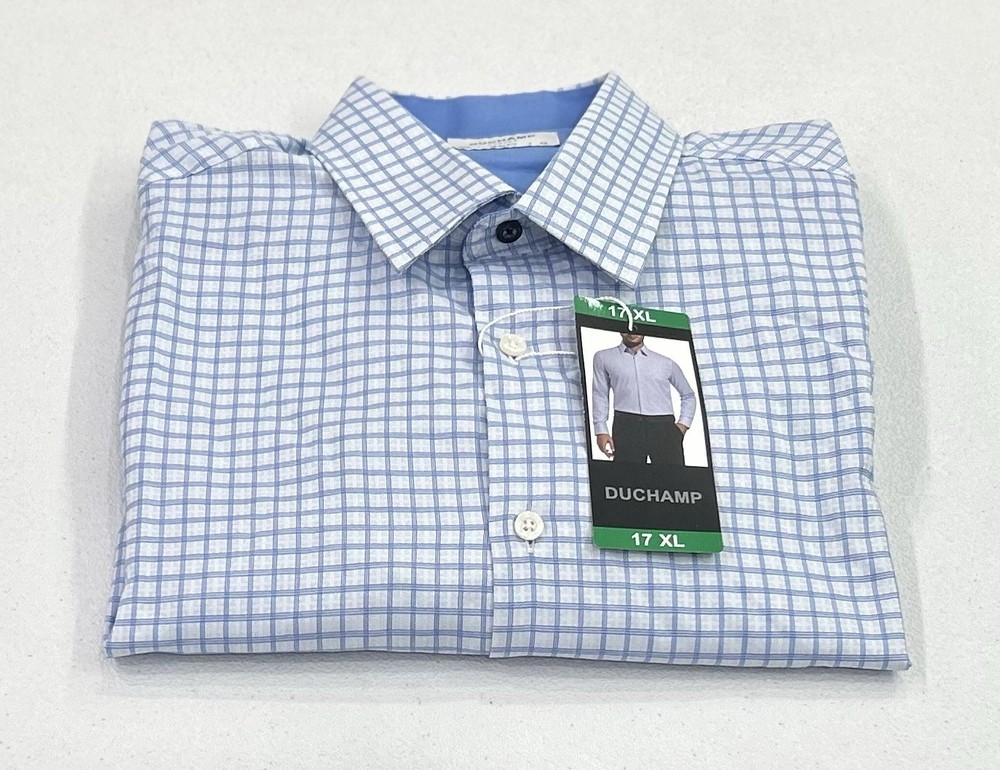 Duchamp London Men's Slim Fit Cotton Stretch Shirt, Light Blue, Size 17 XL