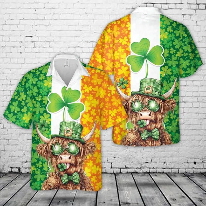 St Patricks Day Highland Hawaiian Shirt Irish Clover Lucky Party Gift