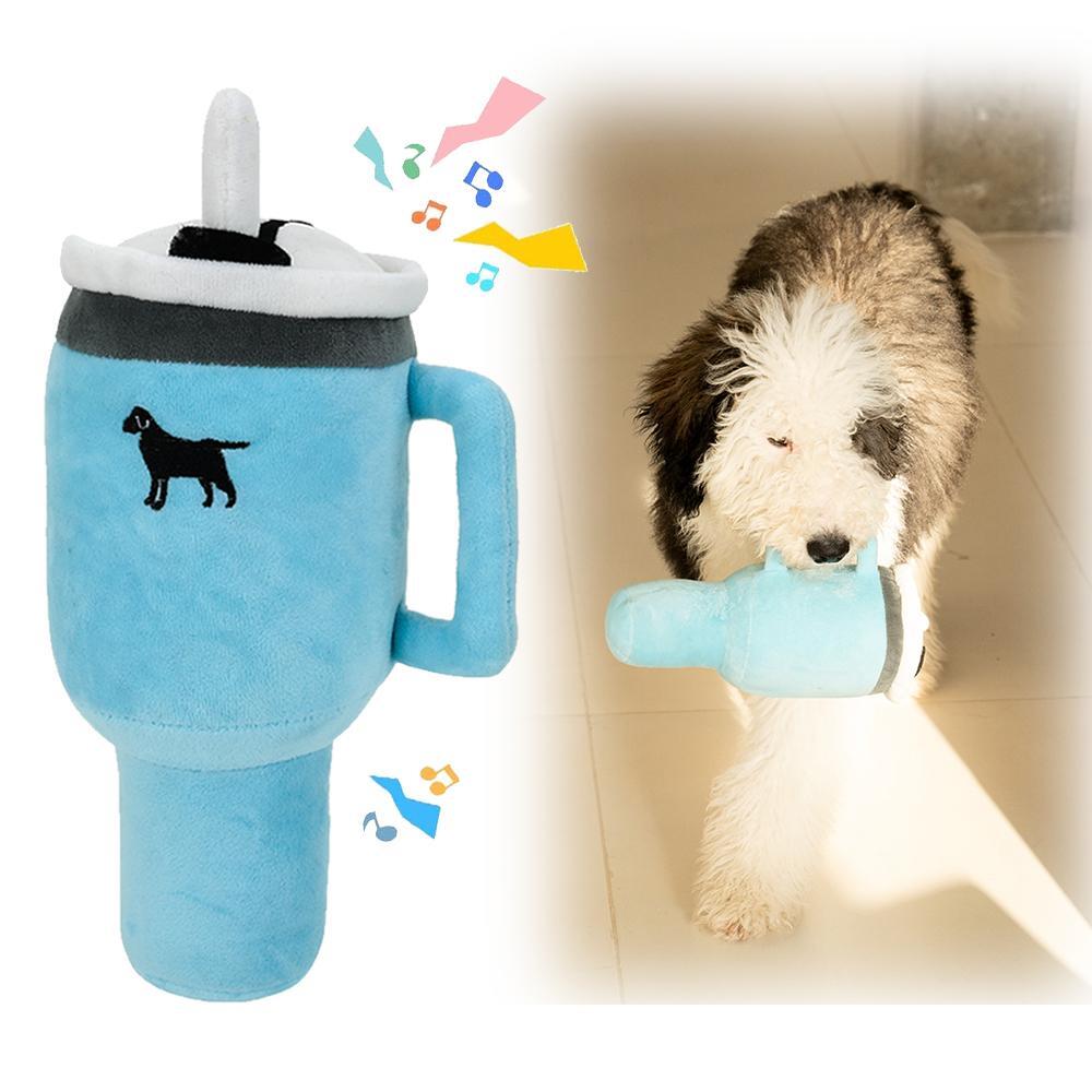 31cm Tall Squeaky Puppy Cup Plush Dog Toy with Handle and Straw Soft and Stylish