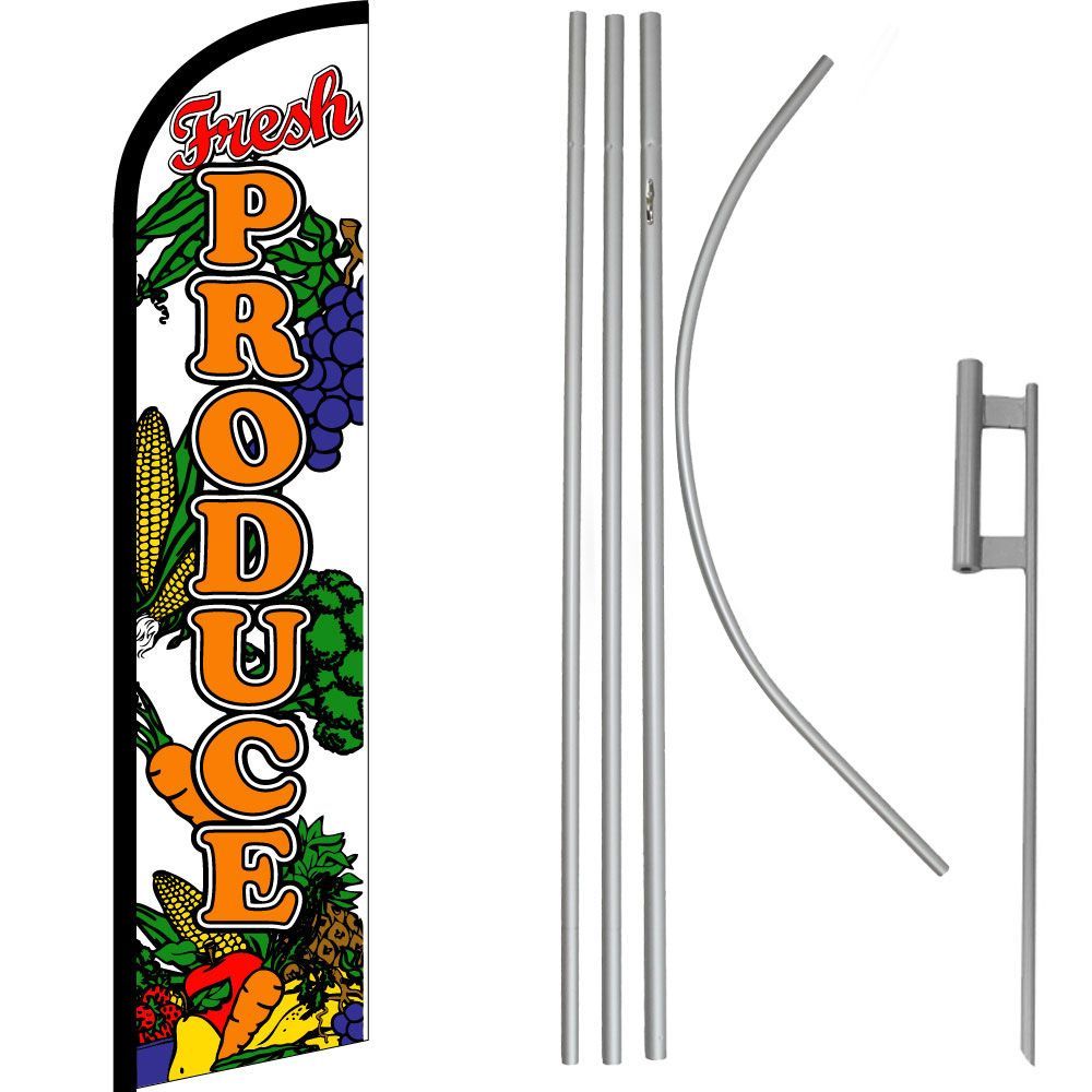 Fresh Produce White / Orange Windless Banner Flag & 16' Flagpole Kit /Ground
